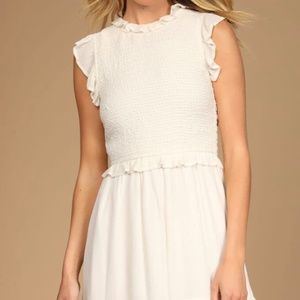 Brand New with Tag White Ruffled Smocked Crew Neck Mini Dress